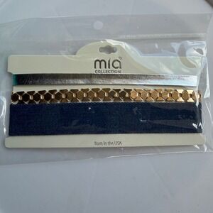 Mia Collection 3pc Choker Set Metallic Silver Gold Link Denim Blue MTS7199 GBLS